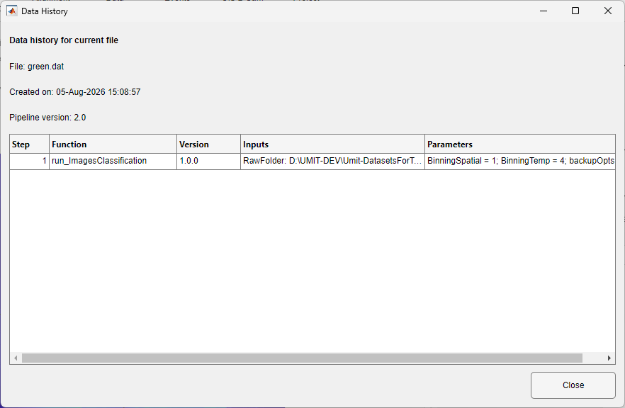 Data History dialog for the current file