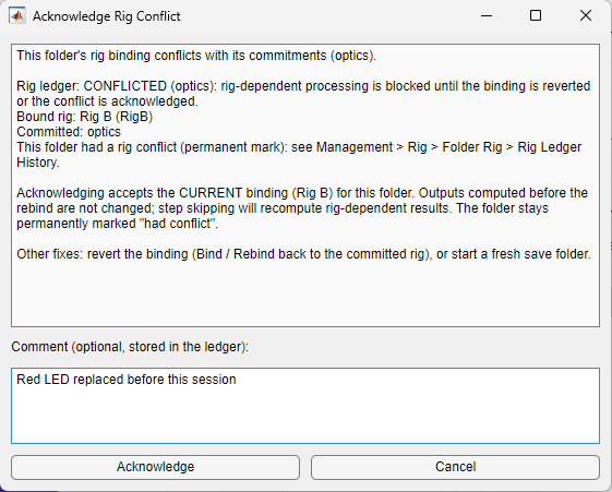 Acknowledge Rig Conflict dialog with an explanation of the conflict and an optional comment