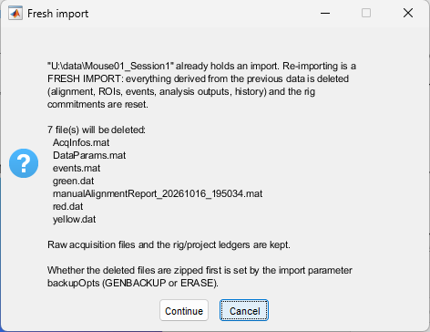 Fresh import dialog in DataViewer listing the seven files that will be deleted, saying that raw files and ledgers are kept, with Continue and Cancel
