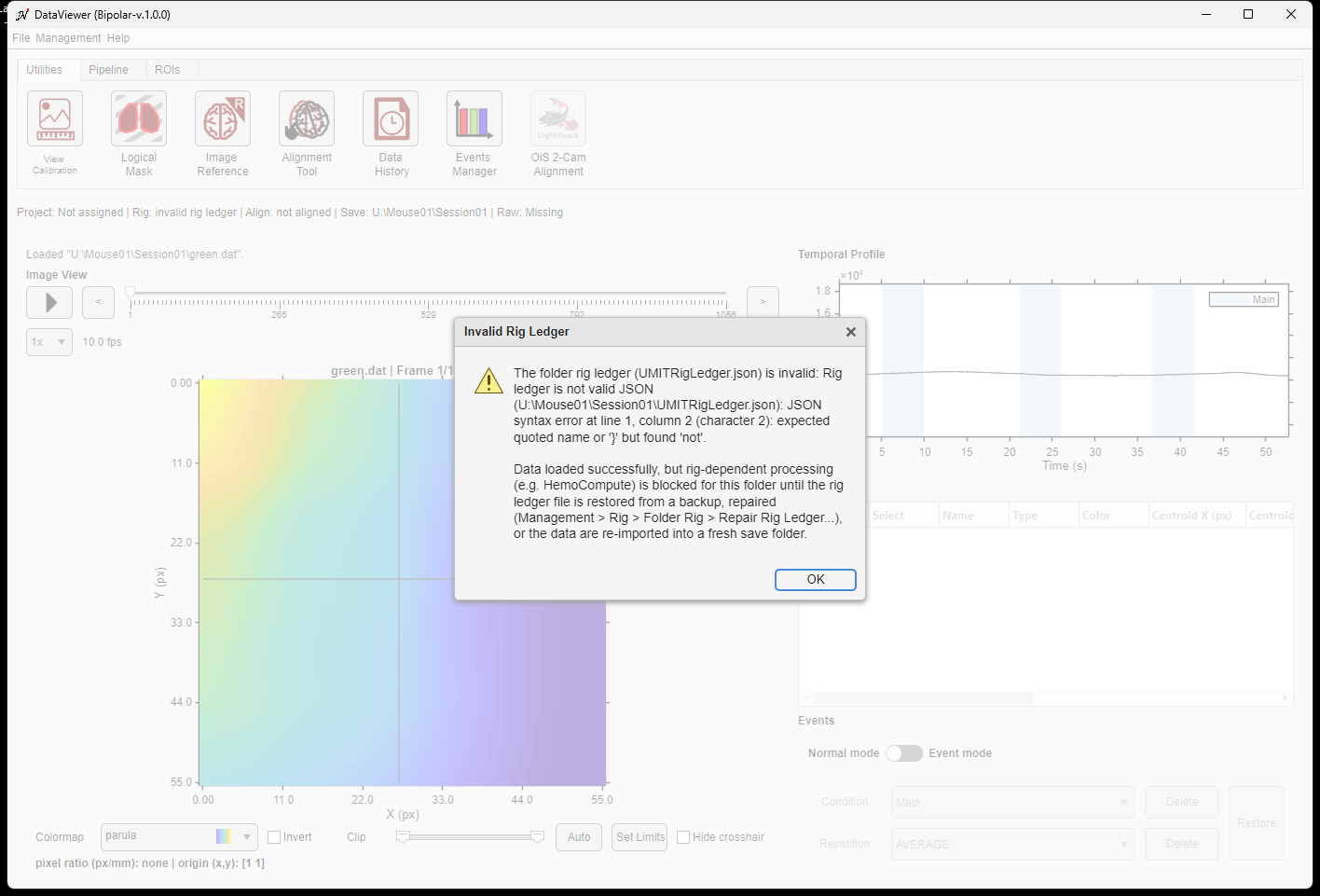 DataViewer Invalid Rig Ledger alert saying that data loaded but rig-dependent processing is blocked