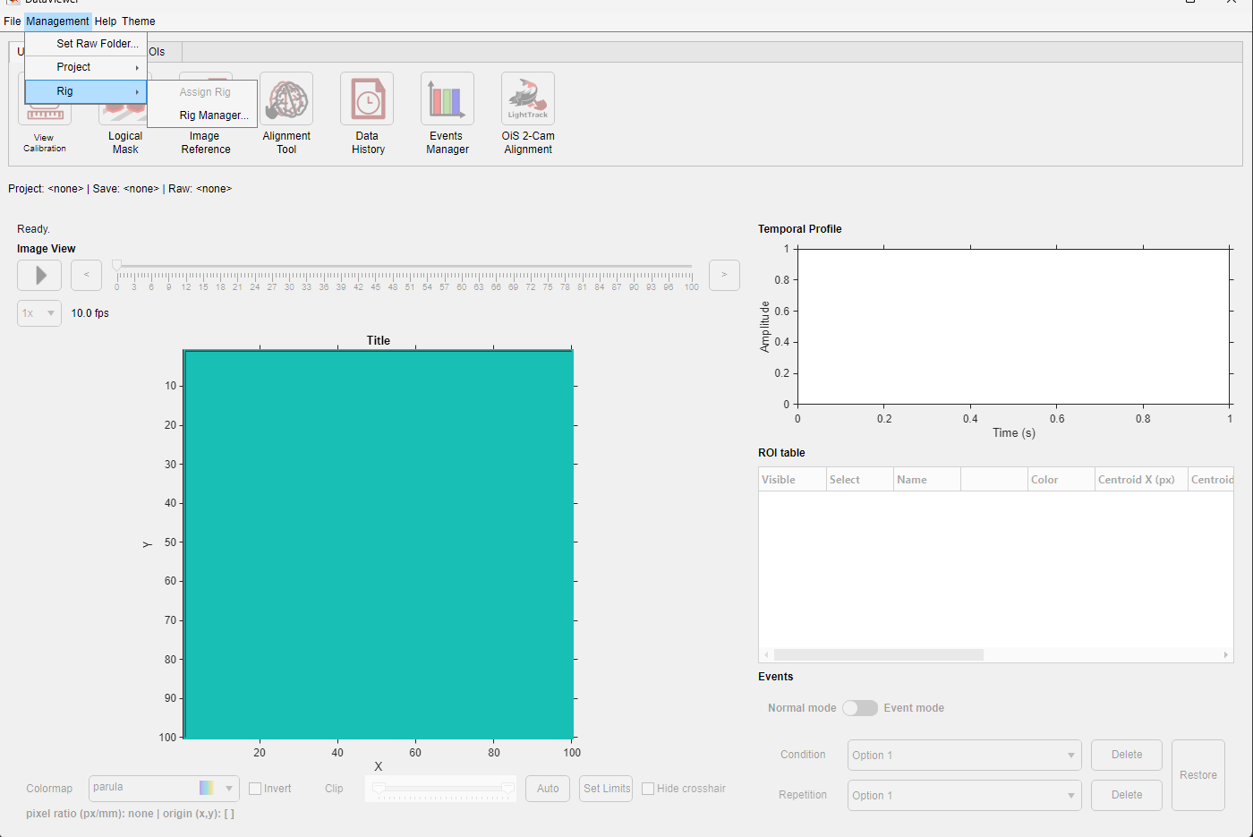 DataViewer Management menu showing the Rig submenu with Assign Rig and Rig Manager items