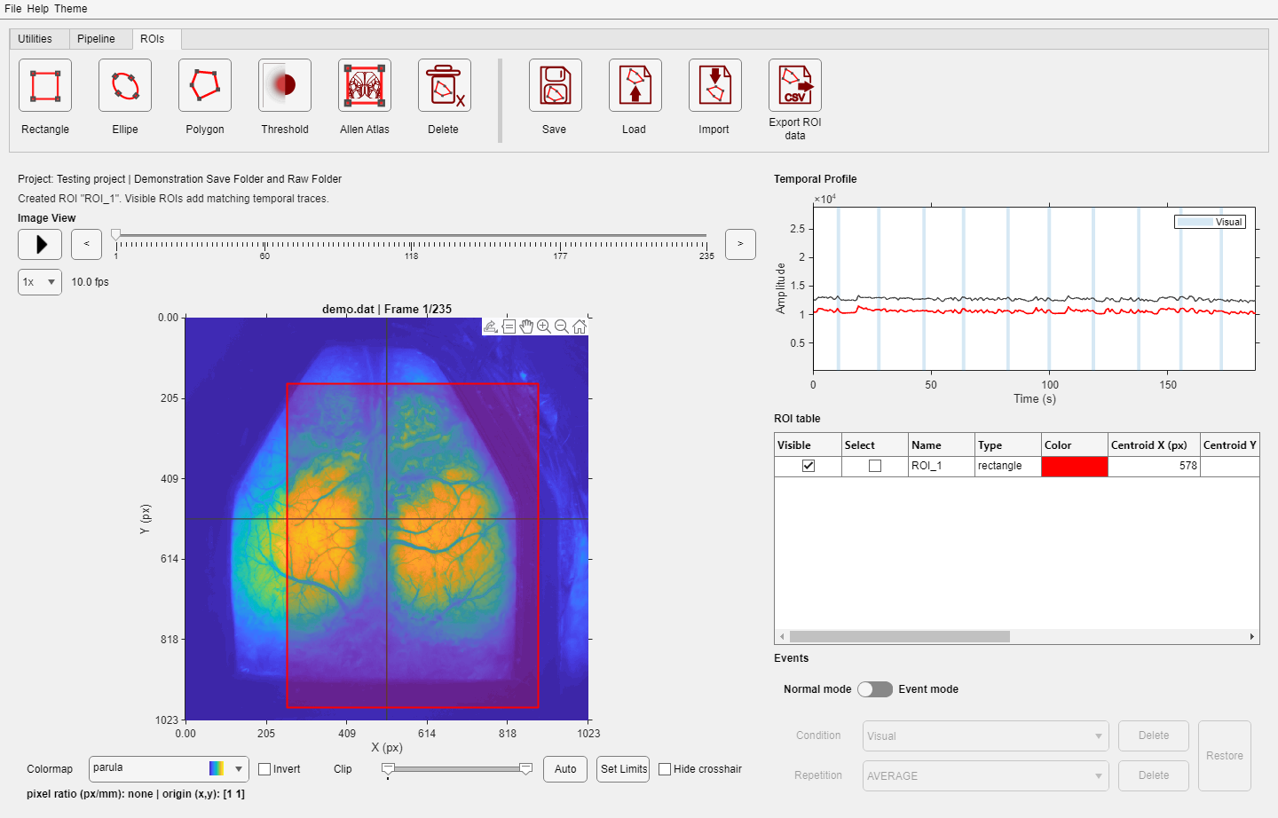 DataViewer ROI table and temporal traces