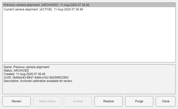 Coregistration file manager with active and archived calibration files