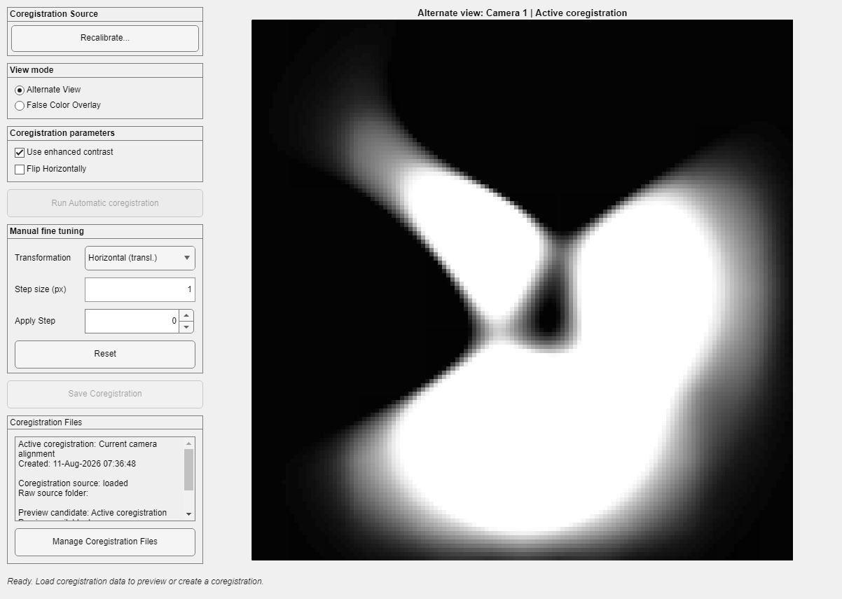 Current dual-camera coregistration interface showing the Recalibrate action
