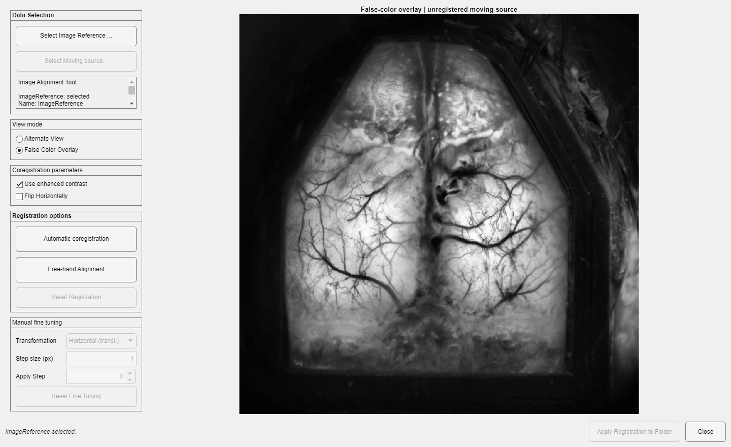 Image Alignment Tool with the active reference and moving image loaded