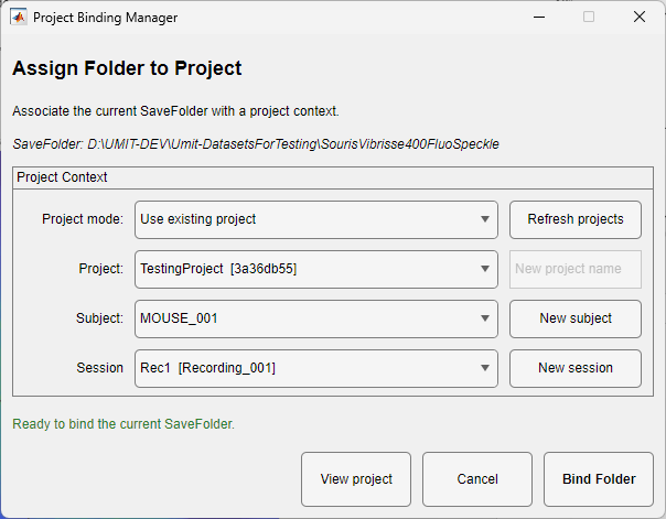 Project Binding Manager assigning a Save Folder to a project session