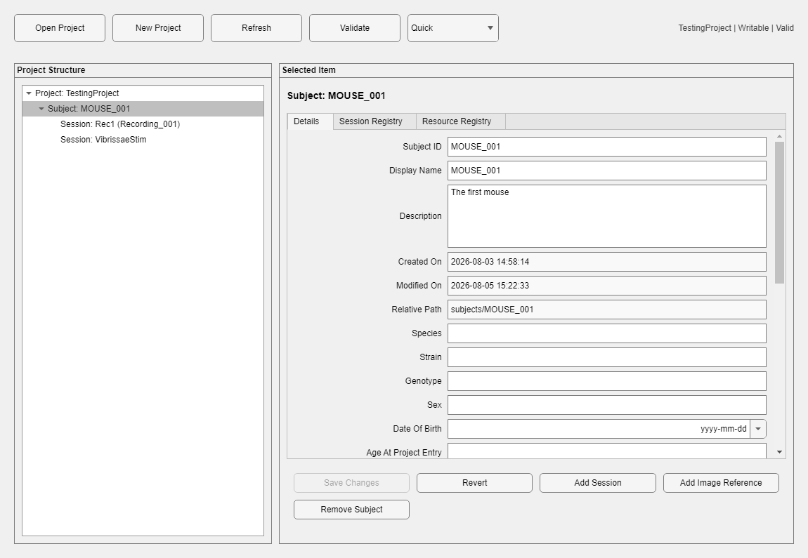Current Project Manager with a demonstration subject selected
