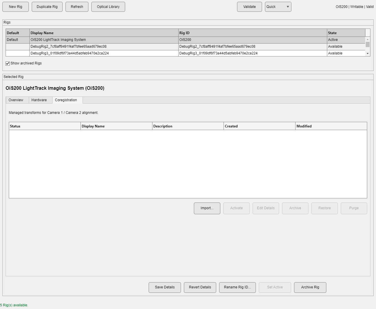 Coregistration tab for a dual-camera Rig, with Import enabled