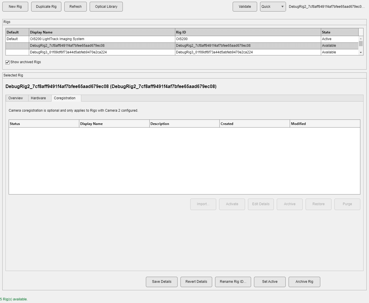 Coregistration tab for a single-camera Rig, with all actions disabled and an explanatory note