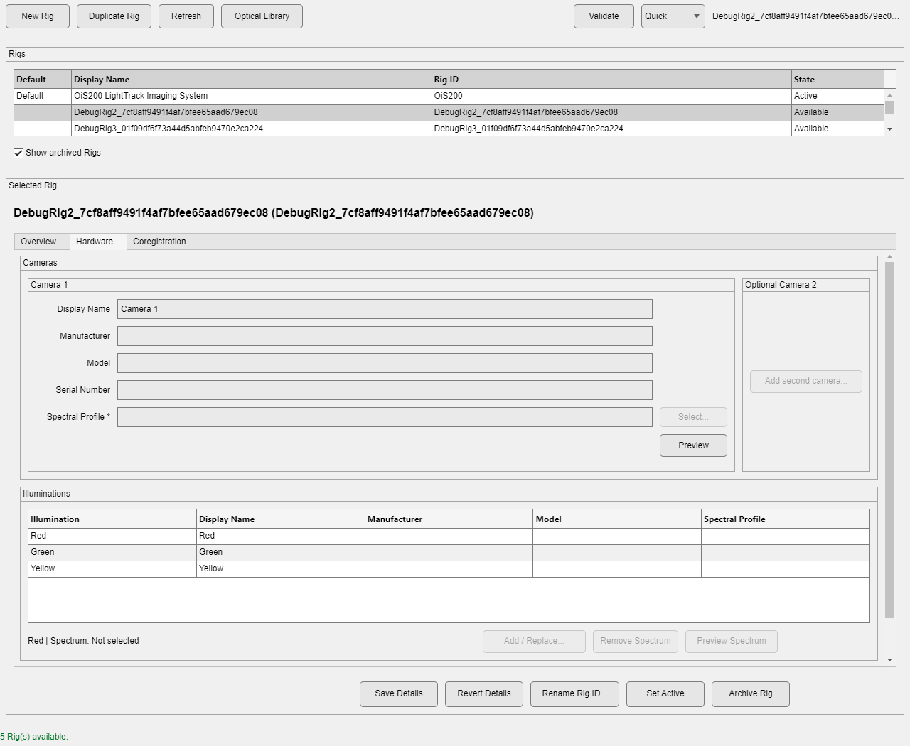 Hardware tab for a single-camera Rig, showing the collapsed Add second camera action and the Illuminations table