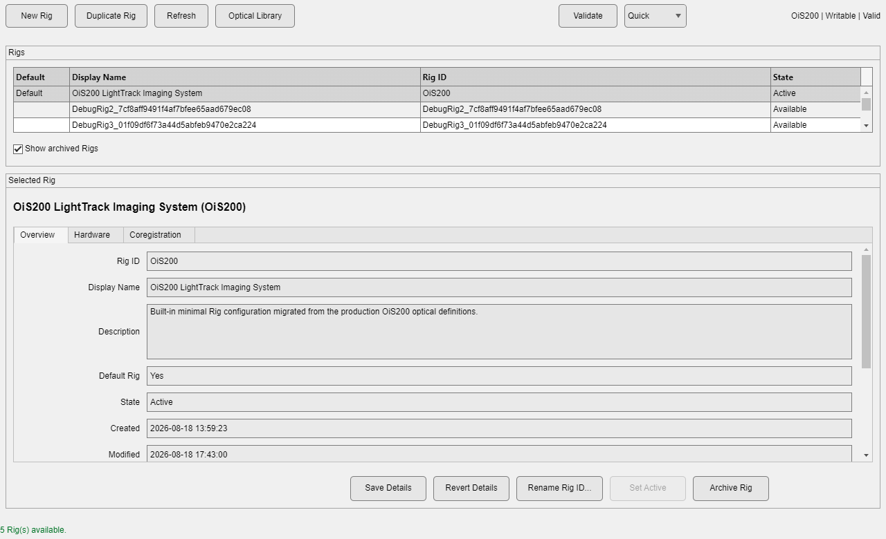 Rig Manager main workspace showing the Rigs table and the Overview tab of a selected Rig